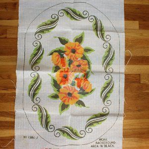 Vintage Oval Latch Hook Orange Green Black Flowers 23.25" x 35.25" Canvas Only